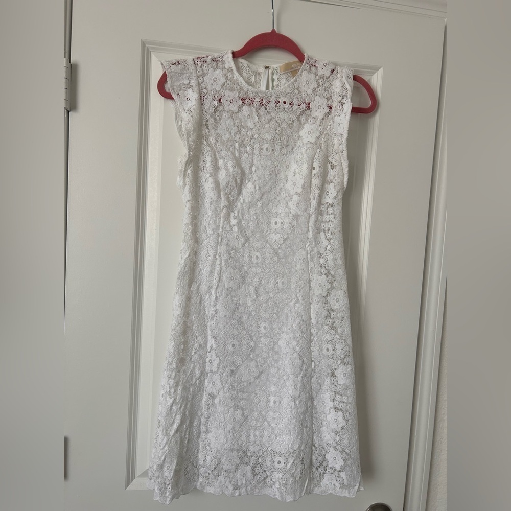 MICHAEL KORS White Floral Embroidered Ruffle Sleeve A-line Dress - Picture 2 of 8